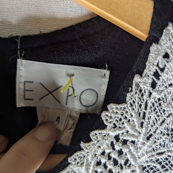 Vintage Expo Lace Trim Neckline Black Wool Blend Midi Dress Size 4 - Picture 6 of 10